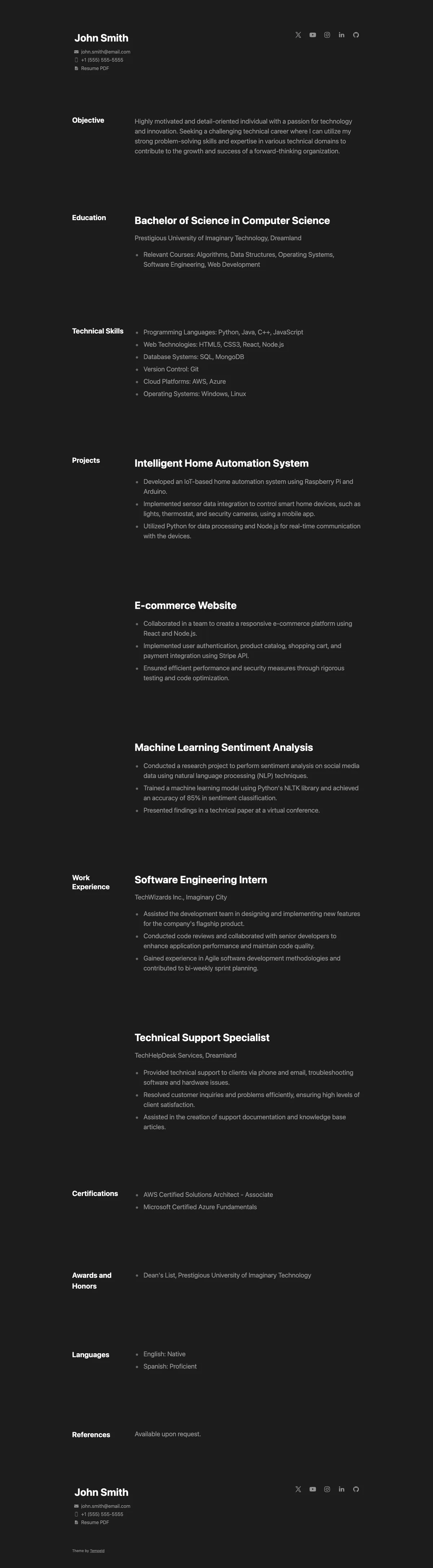 Obsidian - Dark Mode Resume & CV Carrd Template Preview