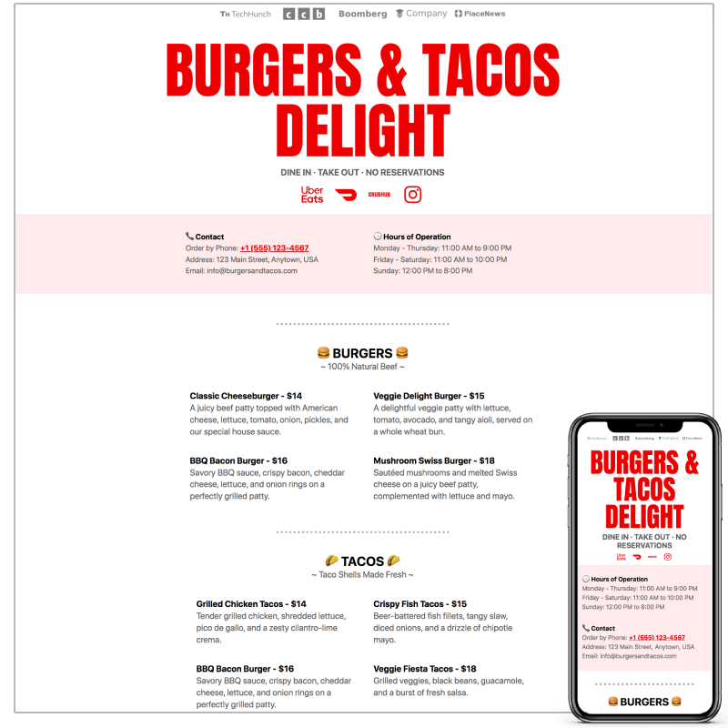 Bistro - Restaurant Menu & Booking Carrd Template Preview