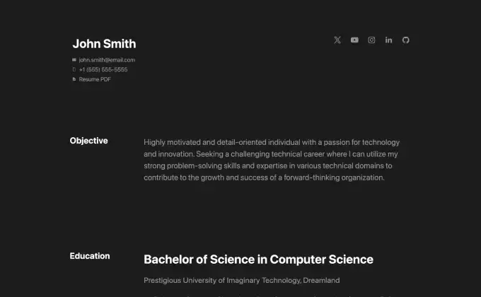 Dark Mode Resume CV Template Carrd